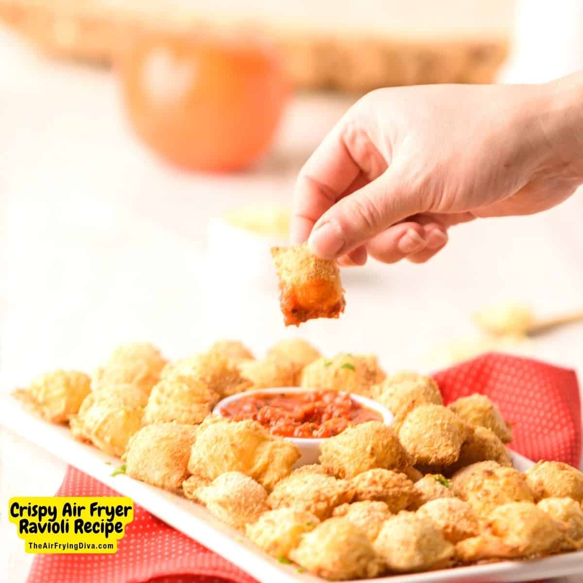 Crispy Air Fryer Ravioli Recipe, a simple snack or appetizer recipe for turning prepackaged refrigerated ravioli into a savory treat