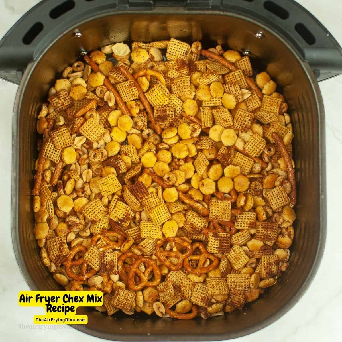 Air Fryer Chex Mix, a simple and tasty snack recipe made in about 10 minutes with cereal, pretzels, and seasonings.