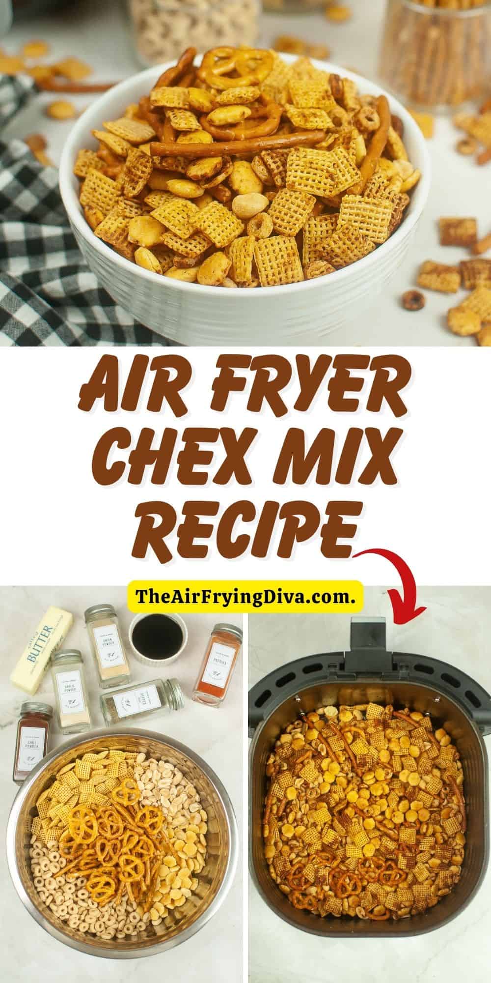 Air Fryer Chex Mix, a simple and tasty snack recipe made in about 10 minutes with cereal, pretzels, and seasonings.