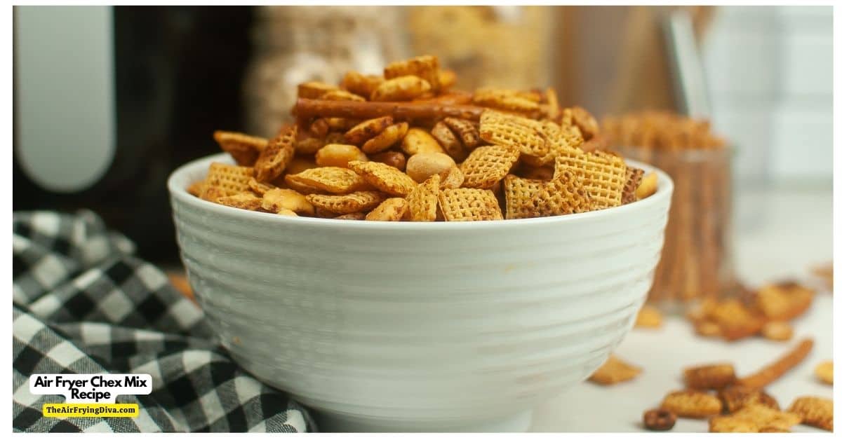 Air Fryer Chex Mix, a simple and tasty snack recipe made in about 10 minutes with cereal, pretzels, and seasonings.