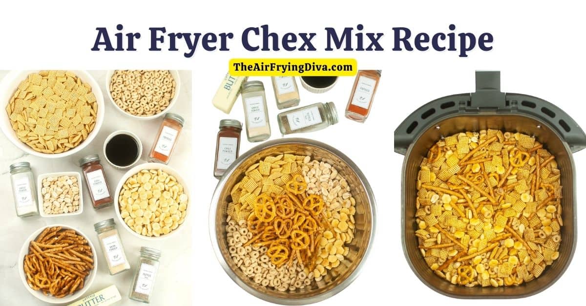 Air Fryer Chex Mix, a simple and tasty snack recipe made in about 10 minutes with cereal, pretzels, and seasonings.