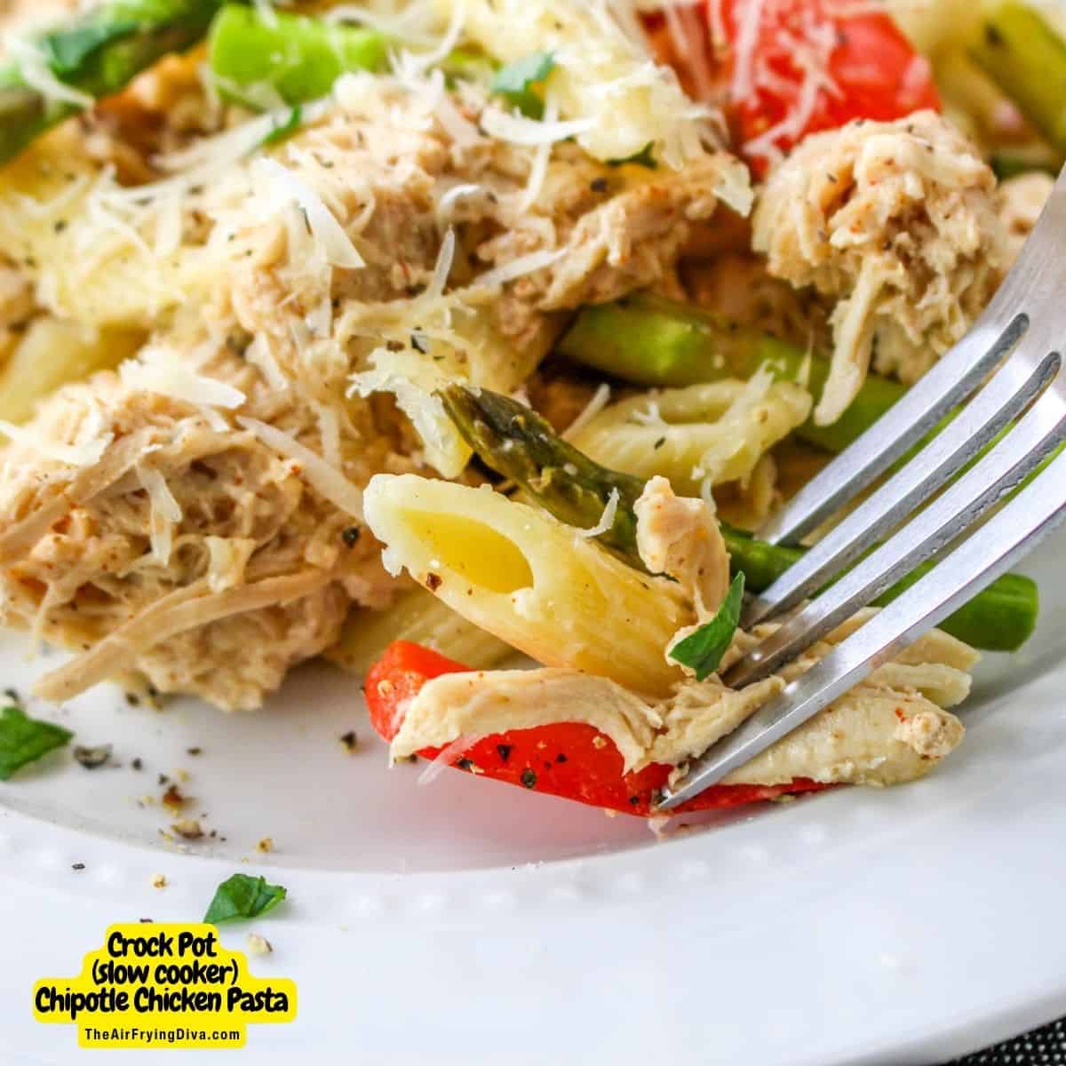 Crockpot Slow Cooker Chipotle Chicken Pasta is a delicious meal recipe featuring chicken and pasta in a creamy chipotle sauce.