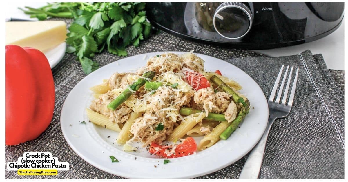 Crockpot Slow Cooker Chipotle Chicken Pasta is a delicious meal recipe featuring chicken and pasta in a creamy chipotle sauce.