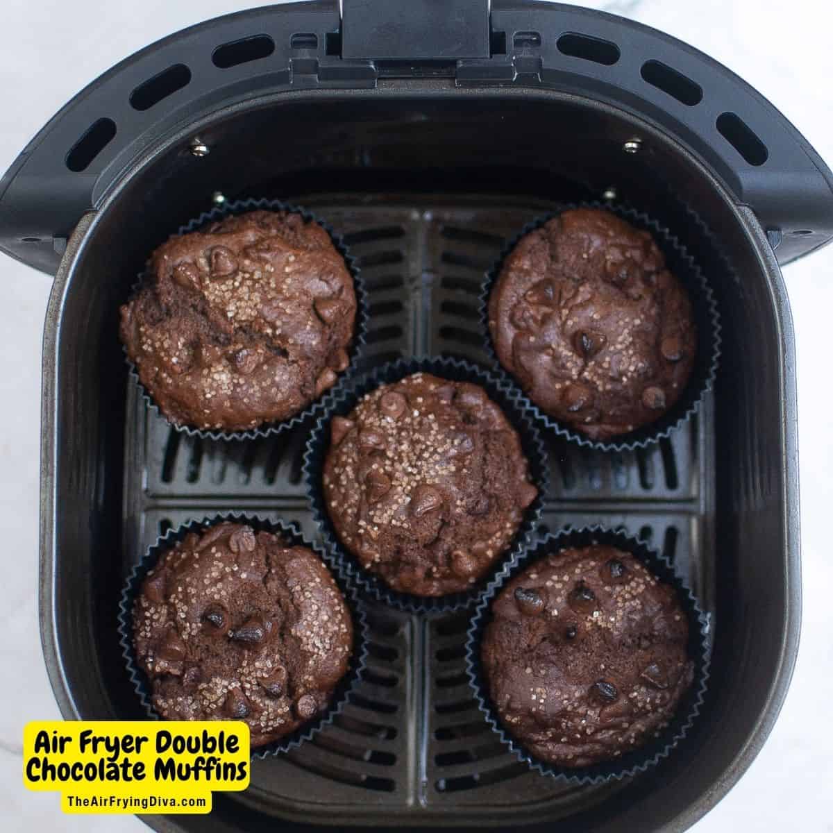 Air Fryer Double Chocolate Muffins, a simple and delicious snack or breakfast recipe for bakery style muffins made in an air fryer.