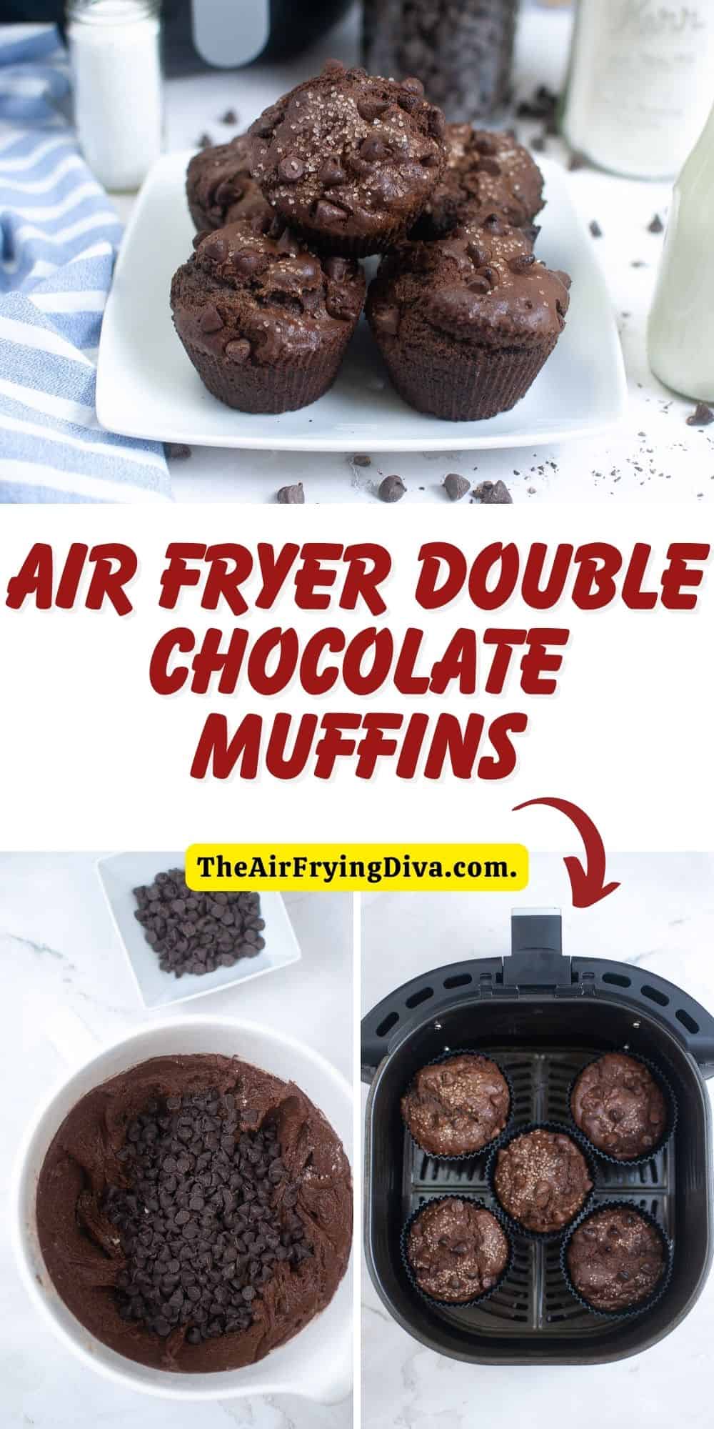 Air Fryer Double Chocolate Muffins, a simple and delicious snack or breakfast recipe for bakery style muffins made in an air fryer.