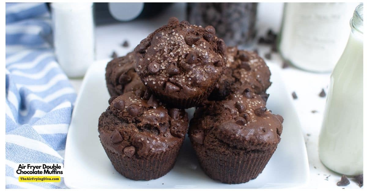 Air Fryer Double Chocolate Muffins, a simple and delicious snack or breakfast recipe for bakery style muffins made in an air fryer.