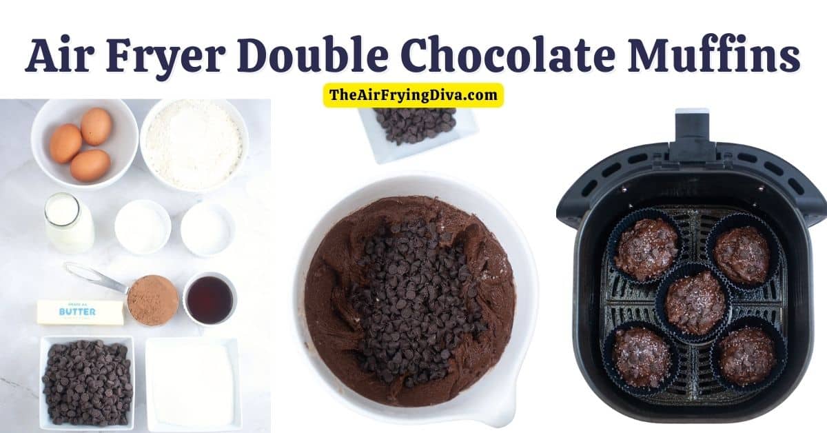 Air Fryer Double Chocolate Muffins, a simple and delicious snack or breakfast recipe for bakery style muffins made in an air fryer.