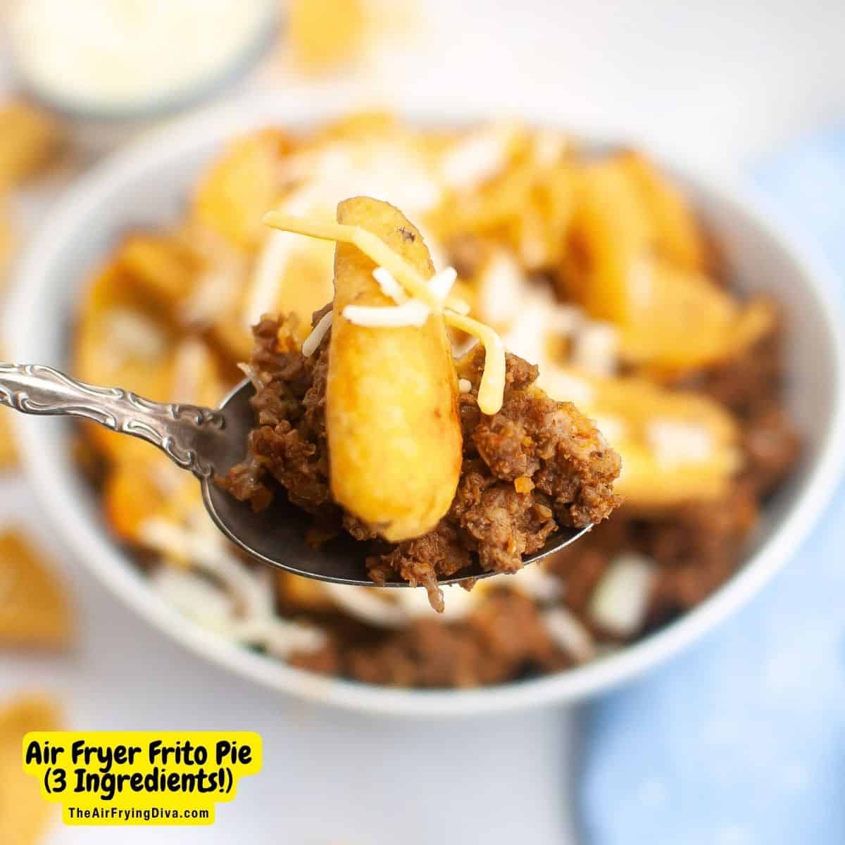 Air Fryer Frito Pie ( just 3 ingredients!), a simple and delicious meal or appetizer recipe made with corn chips, chili, and cheese. 