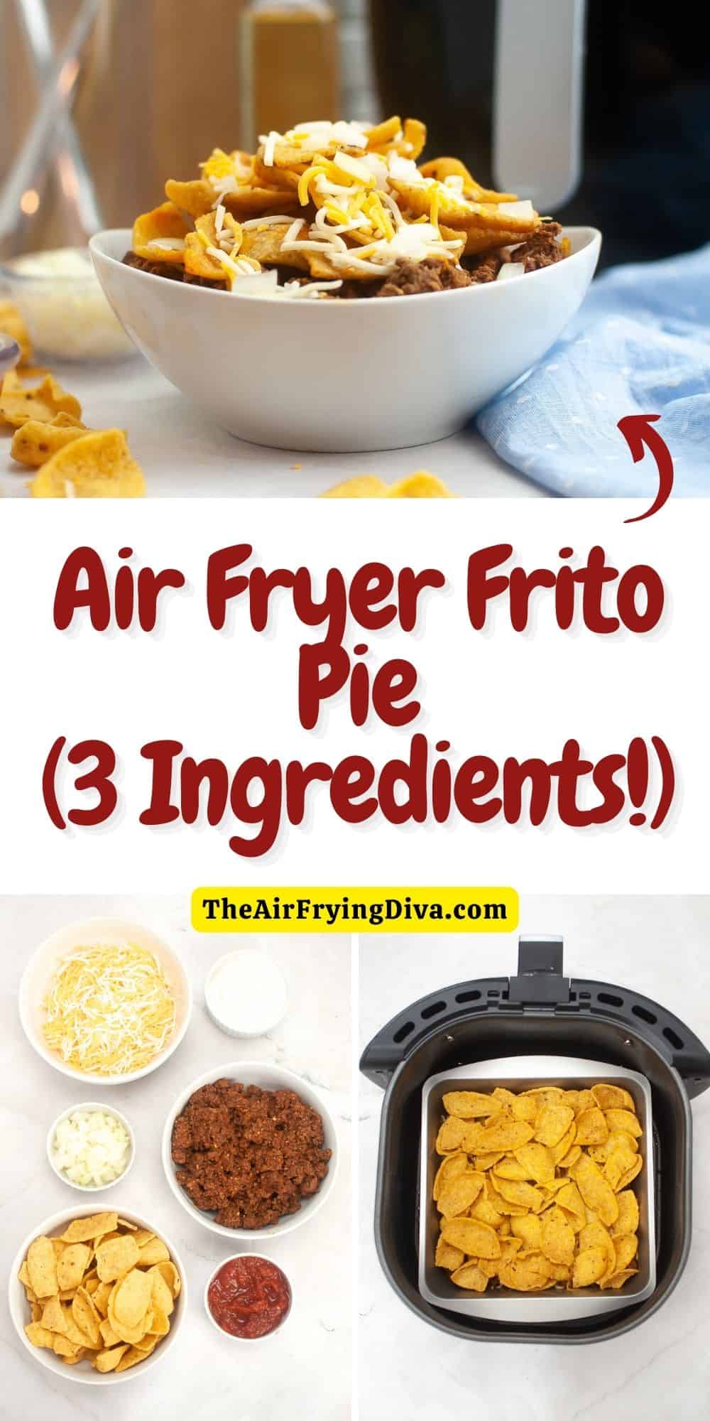 Air Fryer Frito Pie ( just 3 ingredients!), a simple and delicious meal or appetizer recipe made with corn chips, chili, and cheese. 