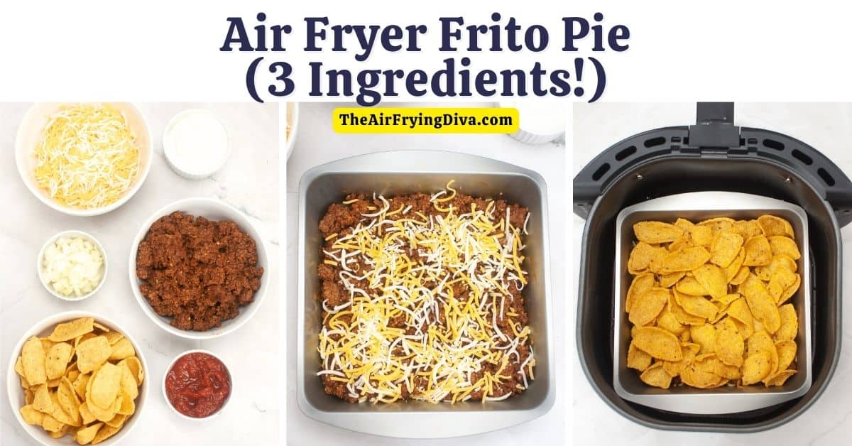 Air Fryer Frito Pie ( just 3 ingredients!), a simple and delicious meal or appetizer recipe made with corn chips, chili, and cheese. 