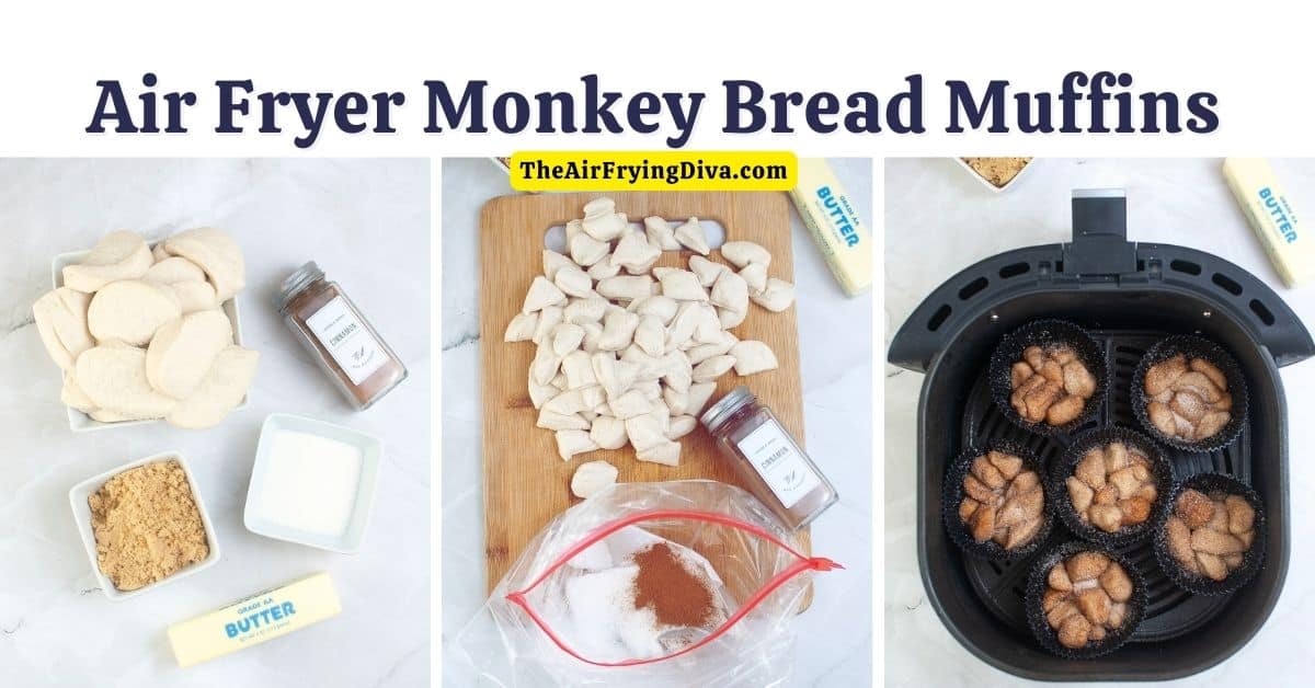 Air Fryer Monkey Bread Muffins, a simple breakfast, snack, or dessert recipe made with just 5 ingredients in about 5 minutes.