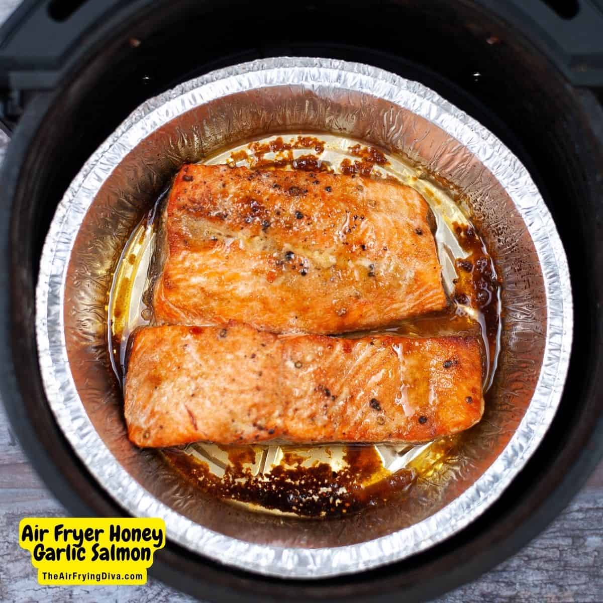 Air Fryer Honey Garlic Salmon, a simple and delicious meal recipe featuring sweet and savory glazed salmon fillets air fried in 5 minutes.