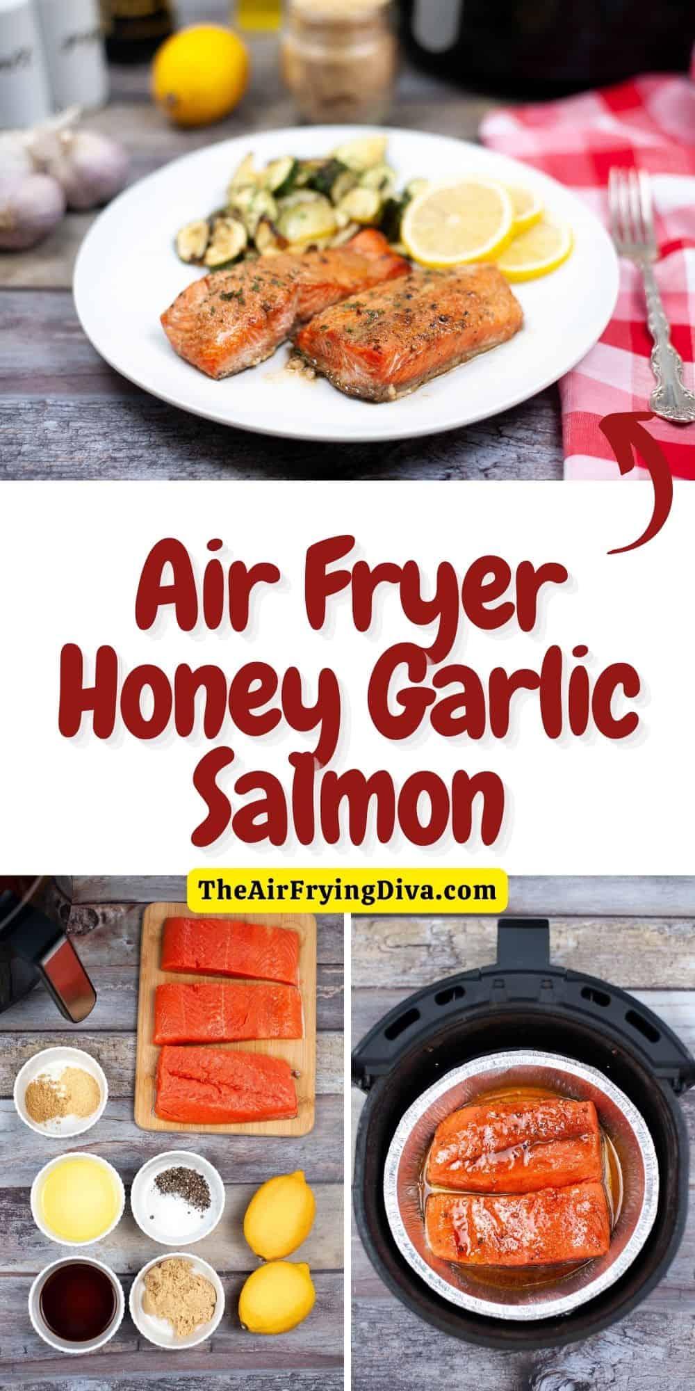 Air Fryer Honey Garlic Salmon, a simple and delicious meal recipe featuring sweet and savory glazed salmon fillets air fried in 5 minutes.