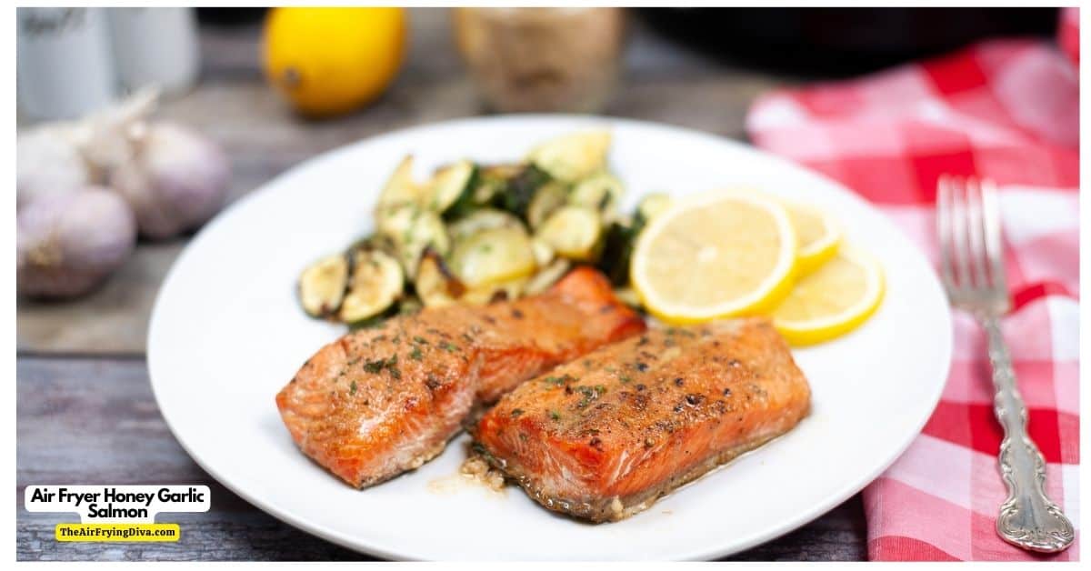 Air Fryer Honey Garlic Salmon, a simple and delicious meal recipe featuring sweet and savory glazed salmon fillets air fried in 5 minutes.