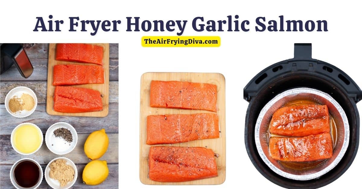 Air Fryer Honey Garlic Salmon, a simple and delicious meal recipe featuring sweet and savory glazed salmon fillets air fried in 5 minutes.