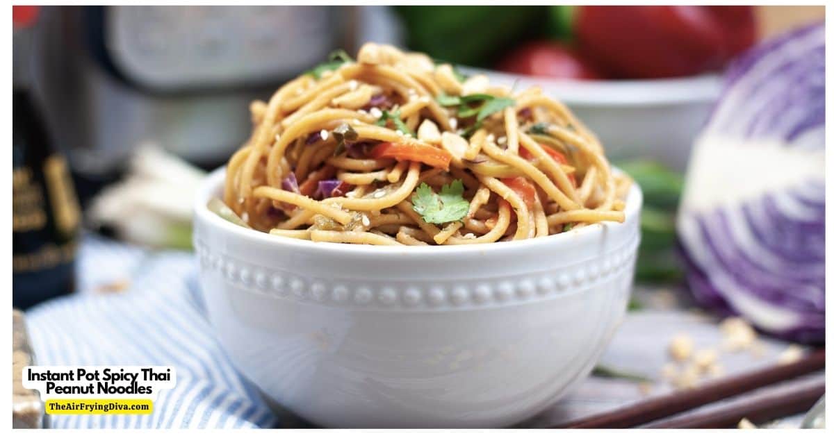 Instant Pot Spicy Thai Peanut Noodles, a quick and delicious vegan meal idea made with spicy peanut sauce in a pressure cooker.