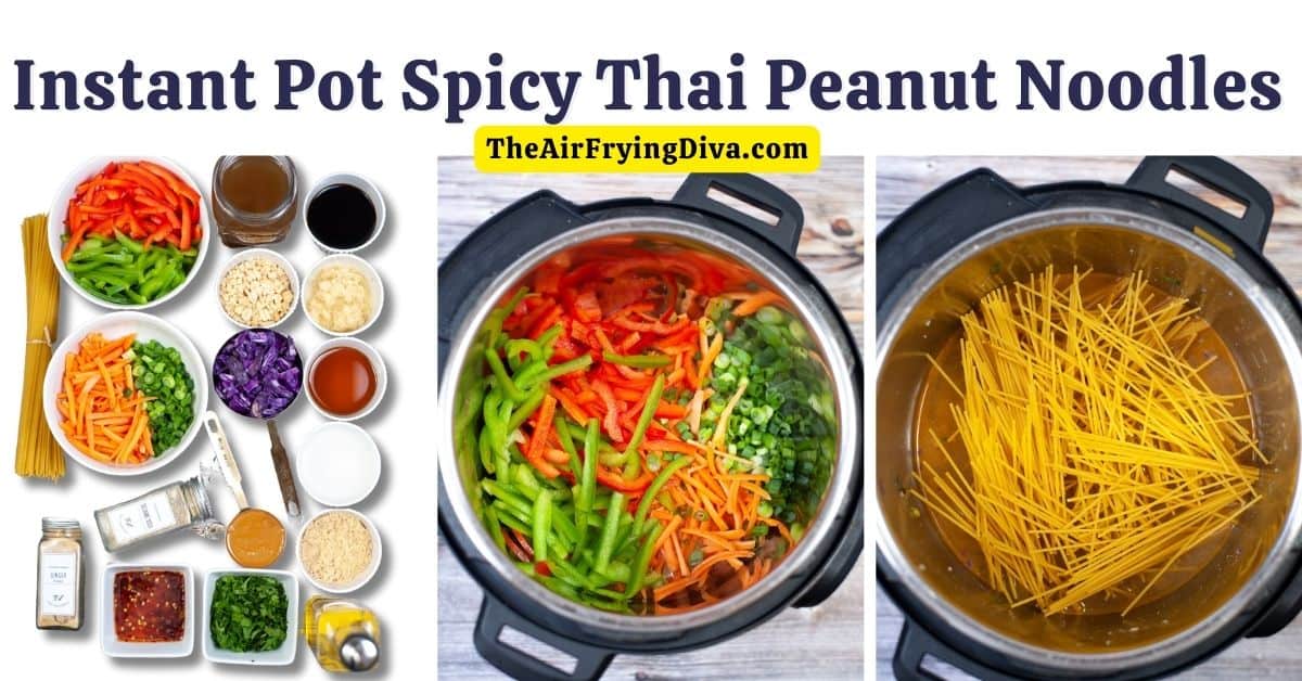 Instant Pot Spicy Thai Peanut Noodles, a quick and delicious vegan meal idea made with spicy peanut sauce in a pressure cooker.