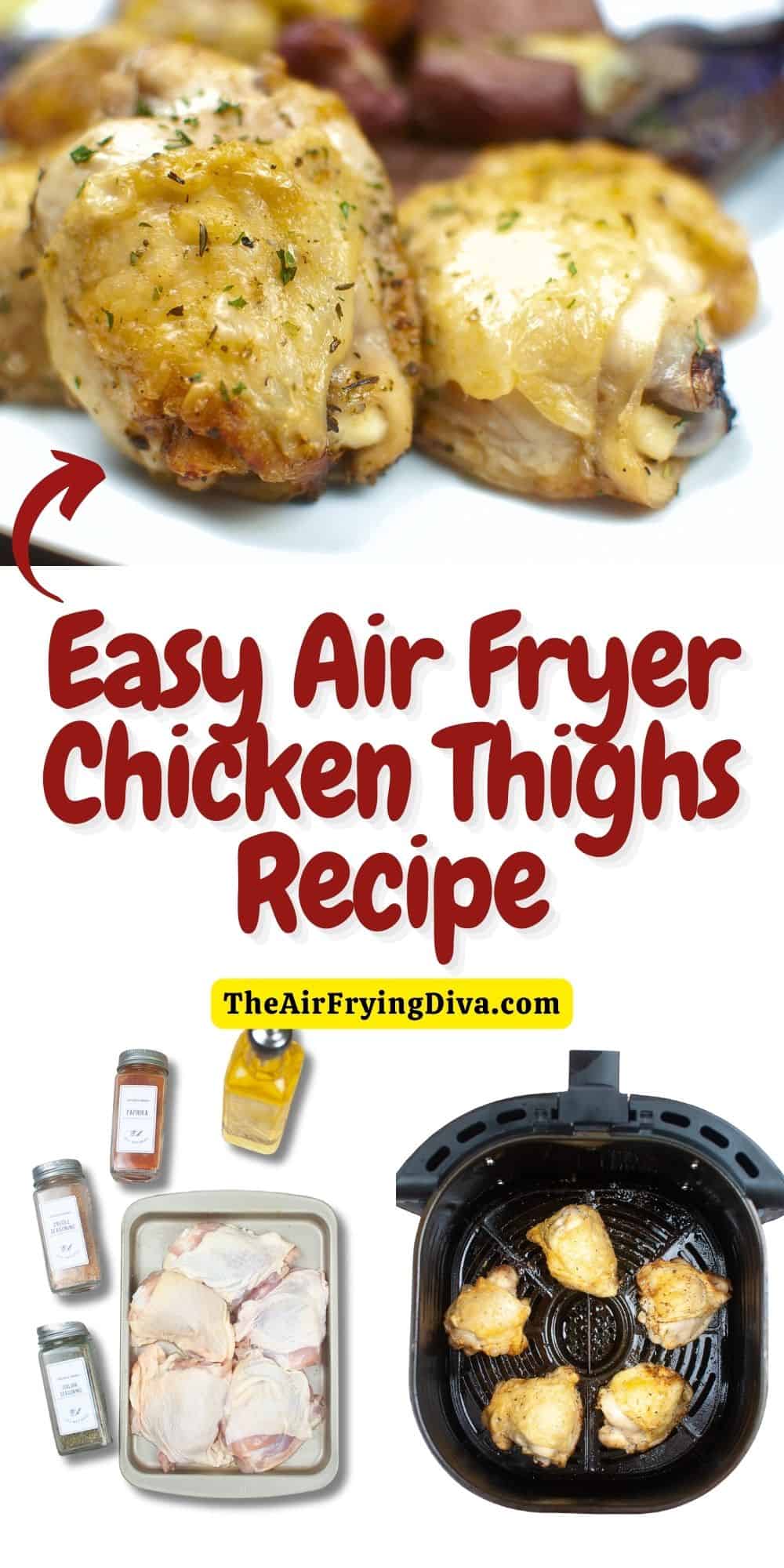 Easy Air Fryer Chicken Thighs Recipe, a delicious 5 ingredient recipe for moist and flavorful bone-in, skin-on chicken thighs.