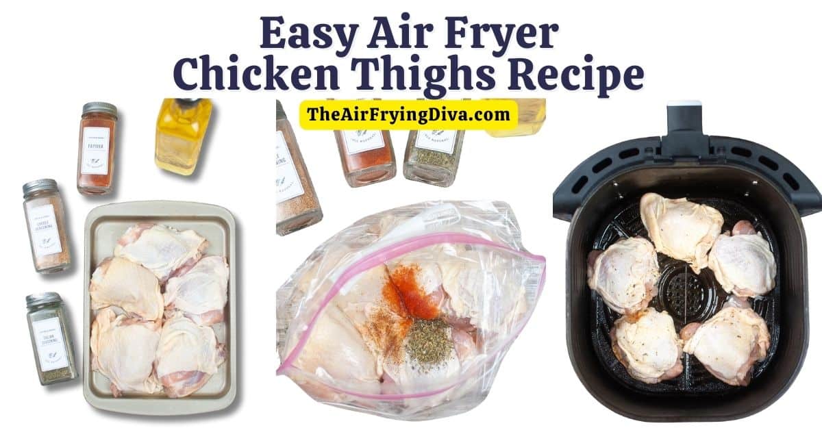 Easy Air Fryer Chicken Thighs Recipe, a delicious 5 ingredient recipe for moist and flavorful bone-in, skin-on chicken thighs.