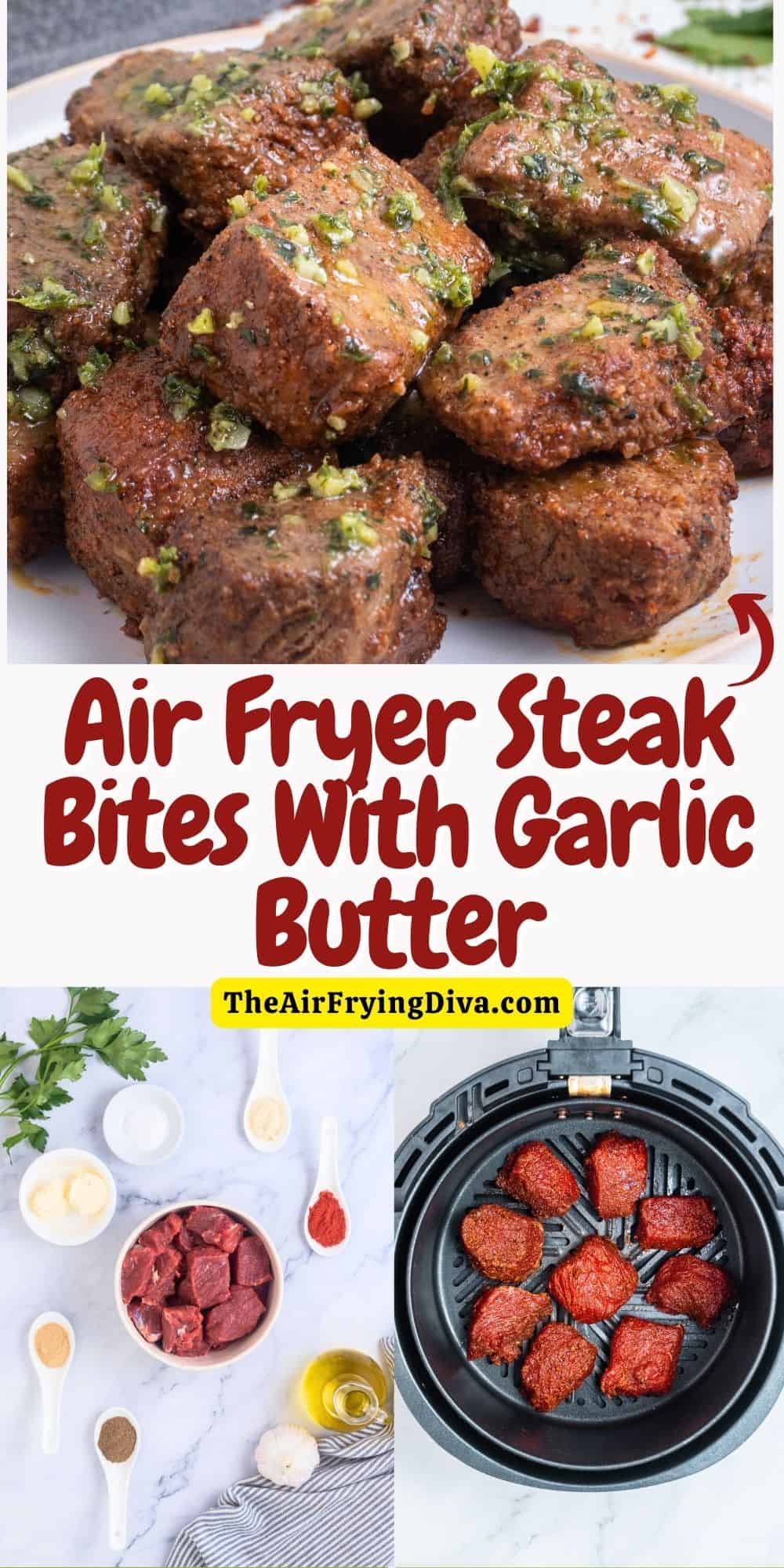 Air Fryer Steak Bites With Garlic Butter, a simple and delicious appetizer or meal recipe featuring tender meat cooked to perfection.