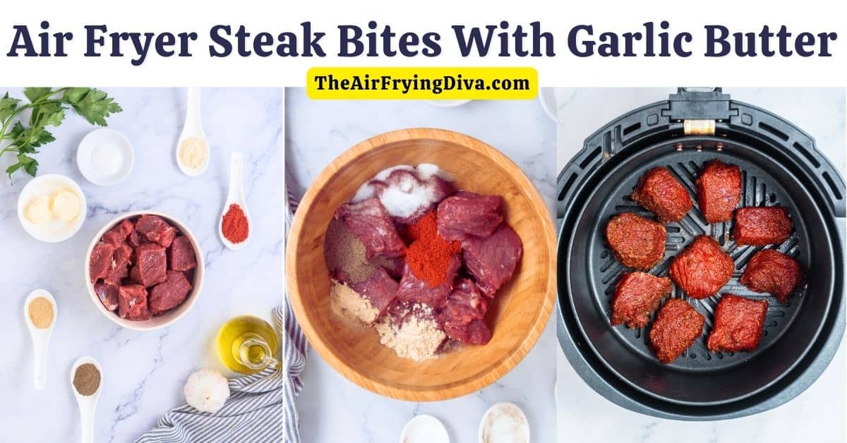 Air Fryer Steak Bites With Garlic Butter, a simple and delicious appetizer or meal recipe featuring tender meat cooked to perfection.