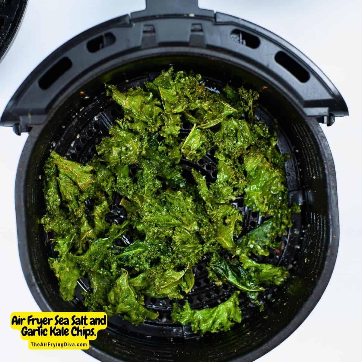 Easy Air Fryer Kale Chips- Sea Salt and Garlic . A simple and healthy snack recipe idea made with just four ingredients in 10 minutes.