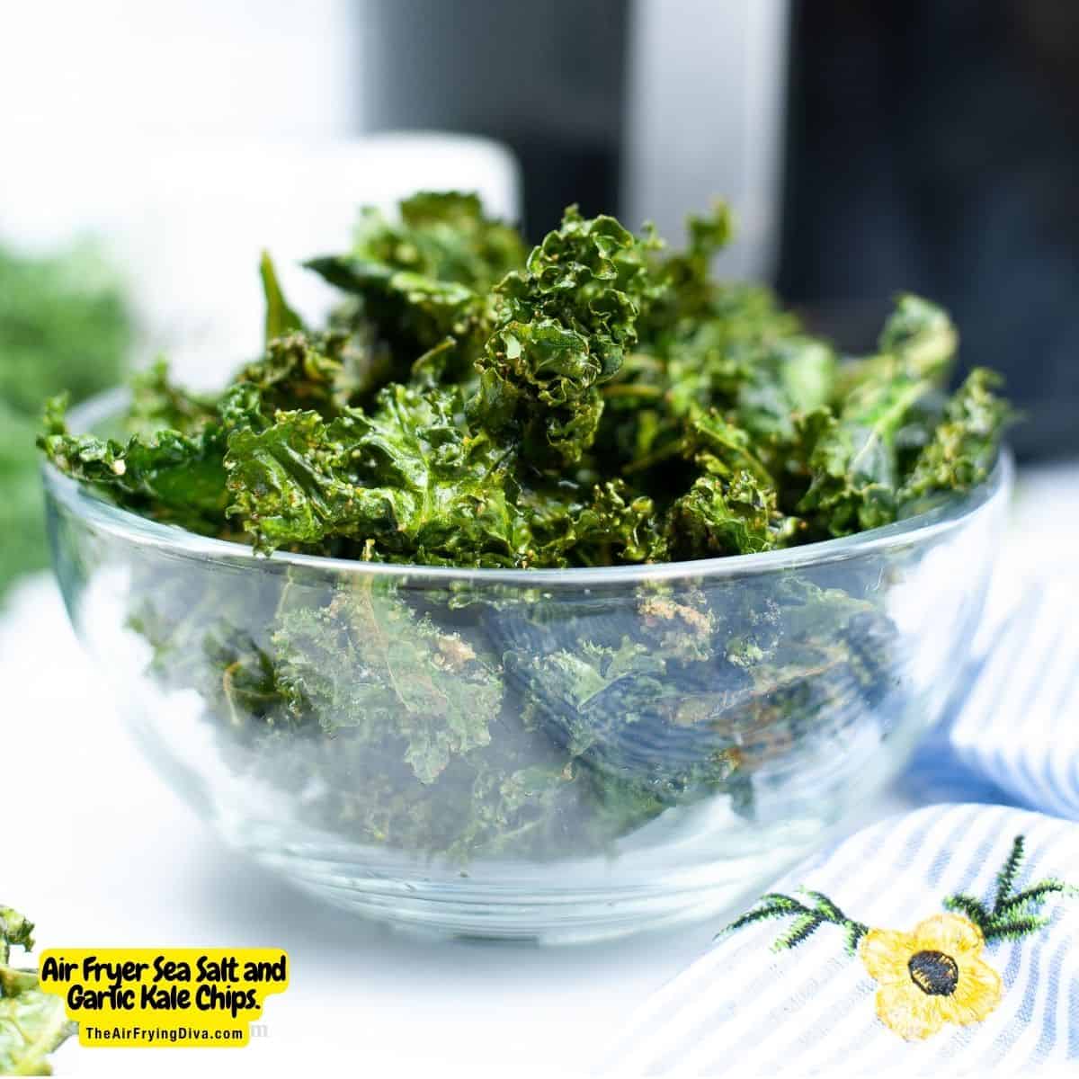 Easy Air Fryer Kale Chips- Sea Salt and Garlic . A simple and healthy snack recipe idea made with just four ingredients in 10 minutes.