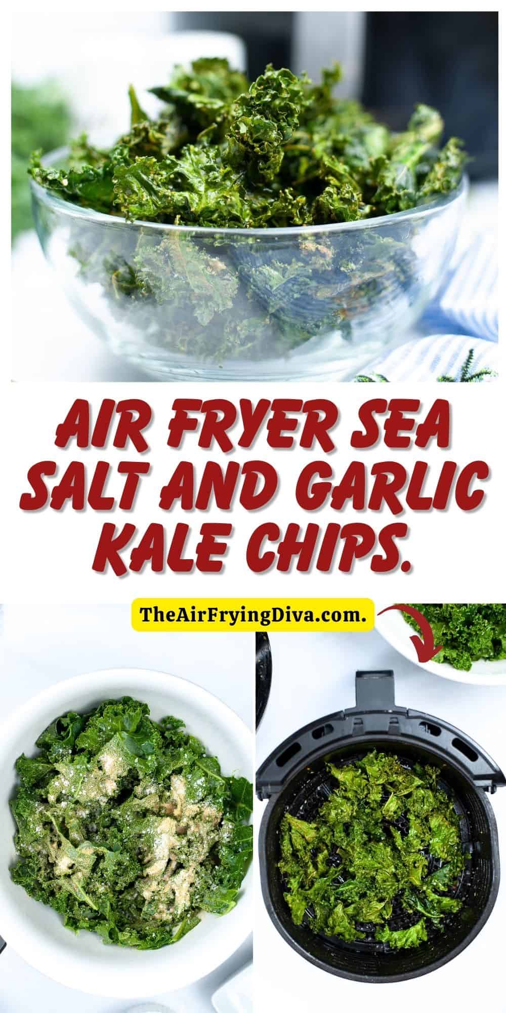 Easy Air Fryer Kale Chips- Sea Salt and Garlic . A simple and healthy snack recipe idea made with just four ingredients in 10 minutes.