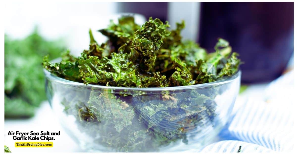 Easy Air Fryer Kale Chips- Sea Salt and Garlic . A simple and healthy snack recipe idea made with just four ingredients in 10 minutes.