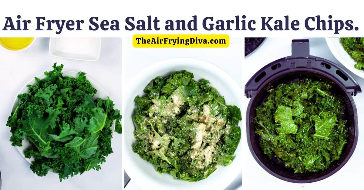 Easy Air Fryer Kale Chips- Sea Salt and Garlic . A simple and healthy snack recipe idea made with just four ingredients in 10 minutes.