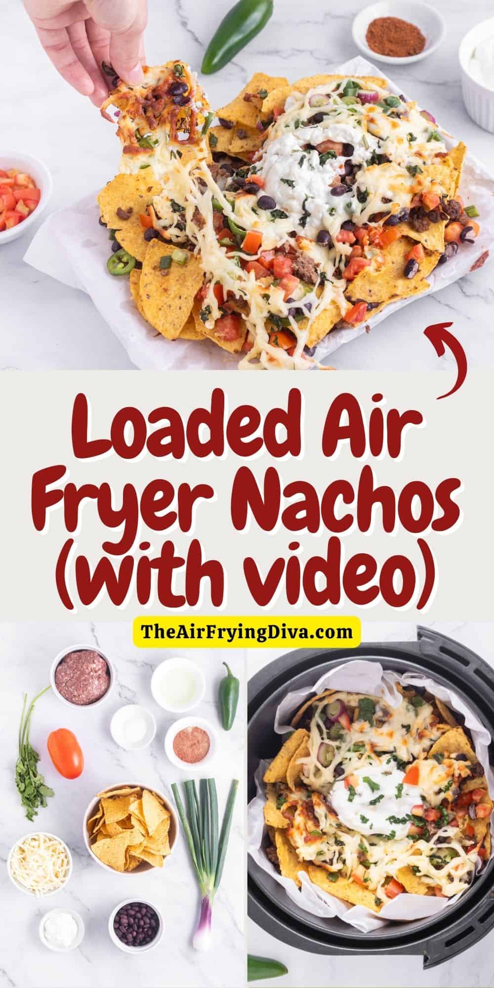 Loaded Air Fryer Nachos (with video), a quick and delicious meal or snack recipe featuring tortilla chips topped with gooey cheese and more.