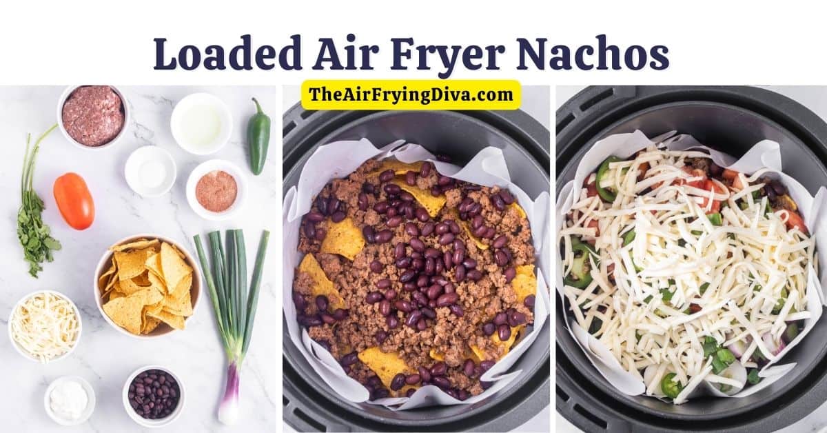 Loaded Air Fryer Nachos (with video), a quick and delicious meal or snack recipe featuring tortilla chips topped with gooey cheese and more.