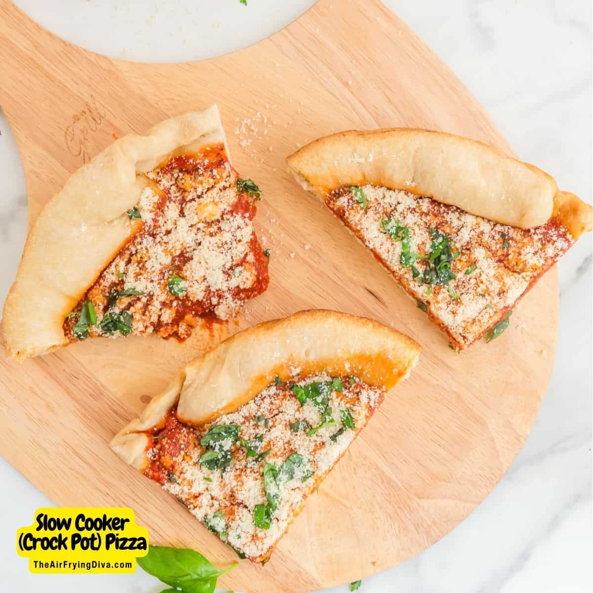 Slow Cooker Crock Pot Pizza, a simple 4 ingredient meal recipe for a mouthwatering homemade pizza with toppings.