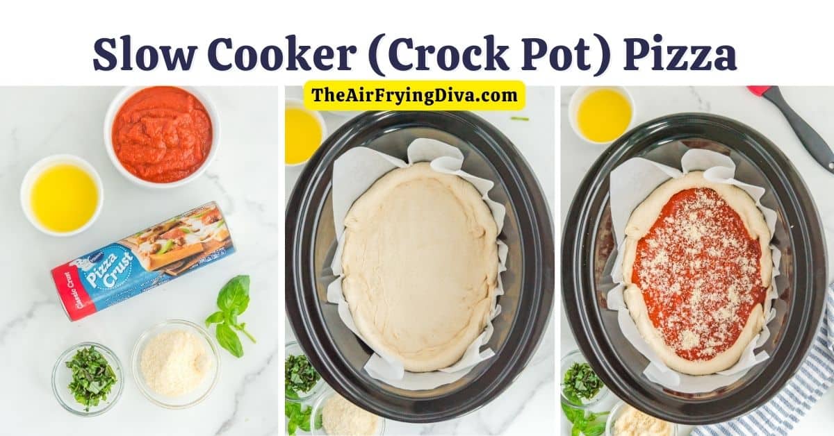 Slow Cooker Crock Pot Pizza, a simple 4 ingredient meal recipe for a mouthwatering homemade pizza with toppings.