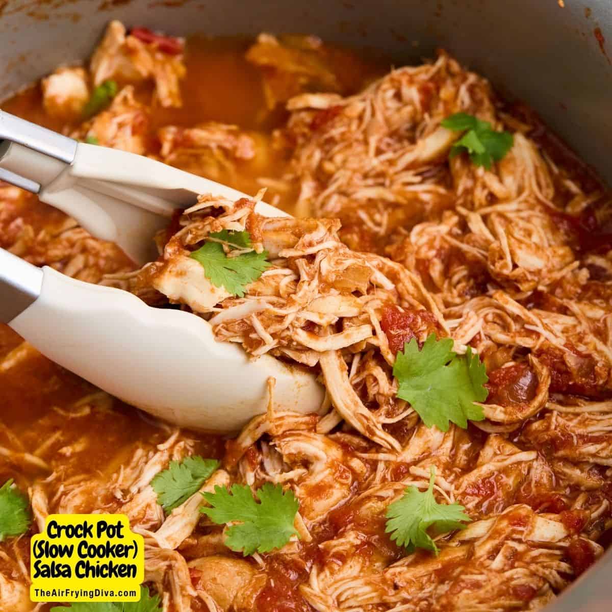  Slow Cooker Salsa Chicken - a simple four ingredient Crockpot recipe featuring shredded chicken breast in a flavorful sauce.