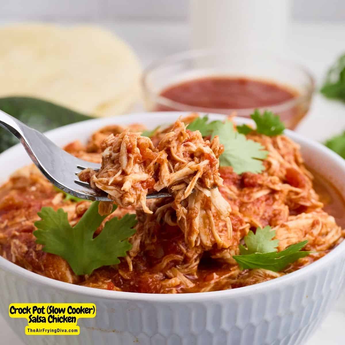  Slow Cooker Salsa Chicken - a simple four ingredient Crockpot recipe featuring shredded chicken breast in a flavorful sauce.