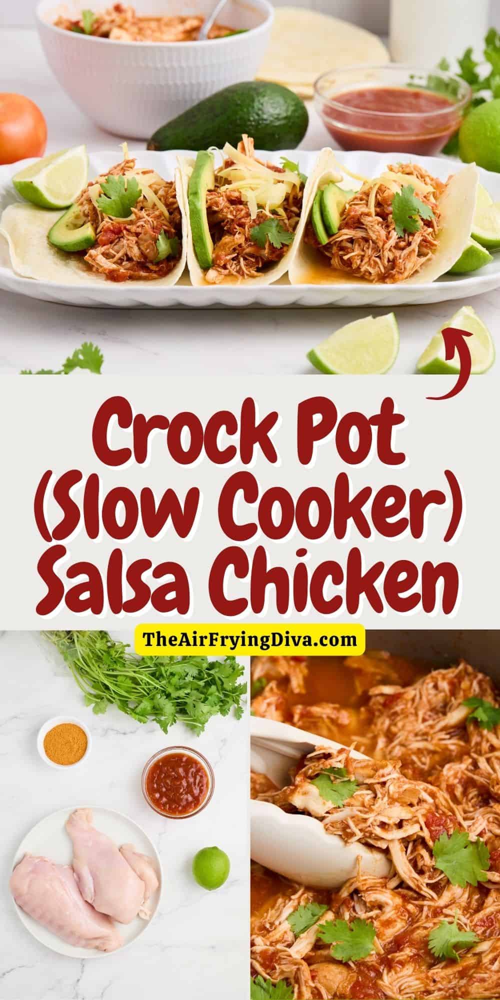  Slow Cooker Salsa Chicken - a simple four ingredient Crockpot recipe featuring shredded chicken breast in a flavorful sauce.