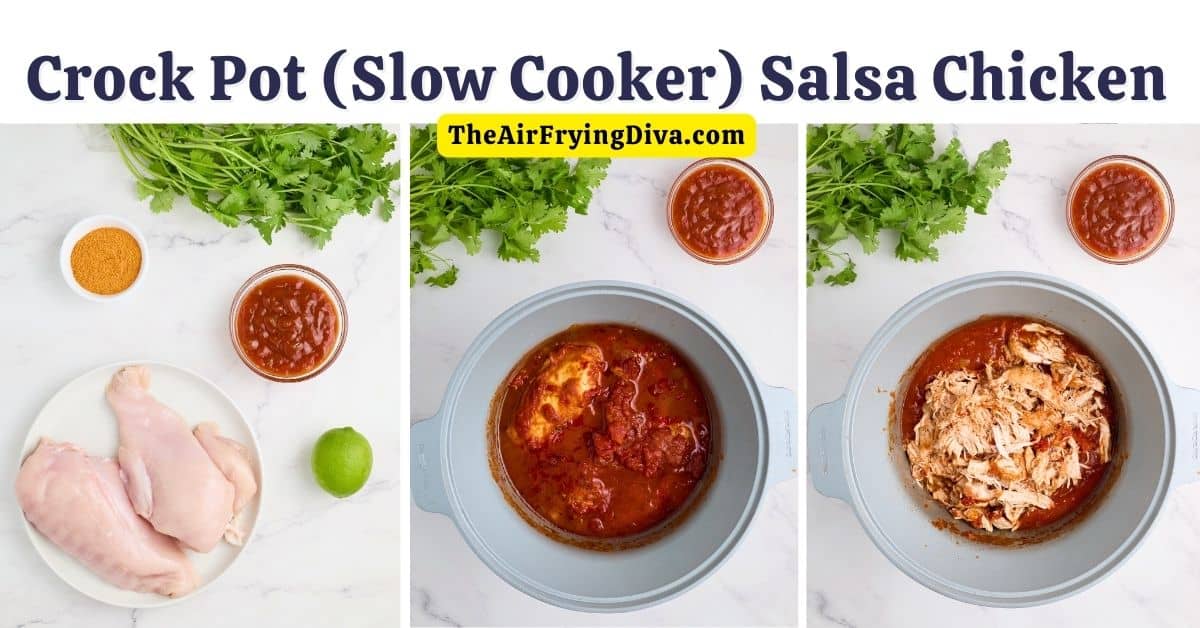  Slow Cooker Salsa Chicken - a simple four ingredient Crockpot recipe featuring shredded chicken breast in a flavorful sauce.