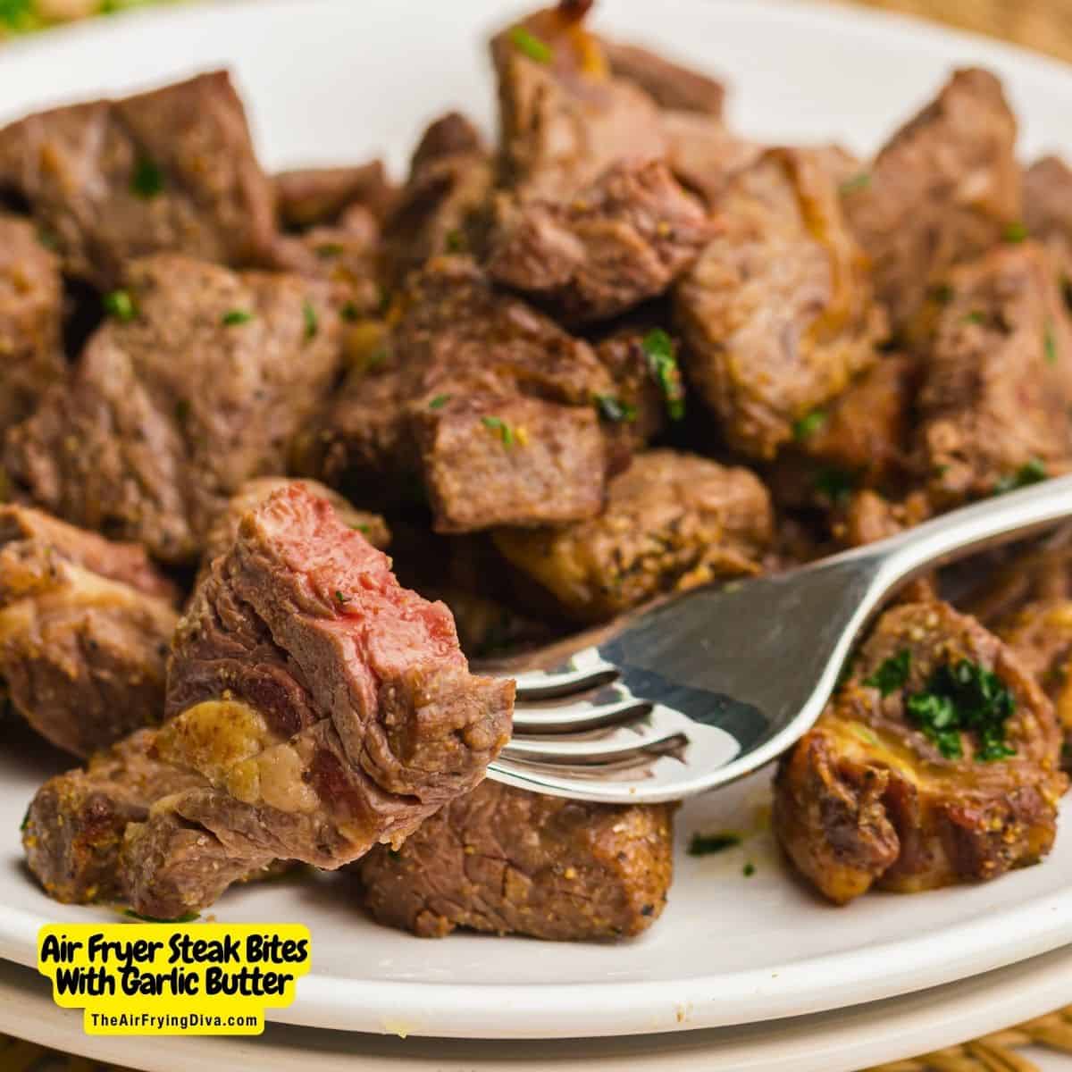 Air Fryer Steak Bites With Garlic Butter, a simple and delicious appetizer or meal recipe featuring tender meat cooked to perfection.