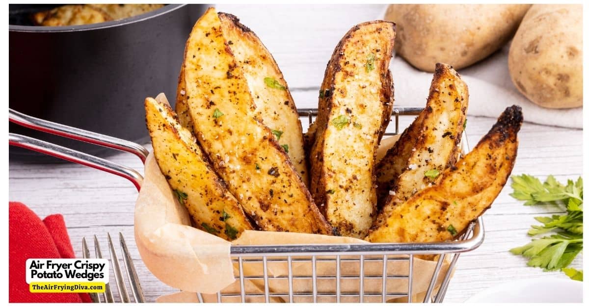 Air Fryer Crispy Potato Wedges, an easy and delicious appetizer or side recipe for thick cut potato fries made without frying in oil.