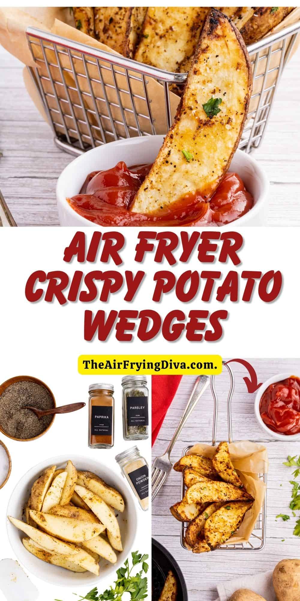 Air Fryer Crispy Potato Wedges, an easy and delicious appetizer or side recipe for thick cut potato fries made without frying in oil.