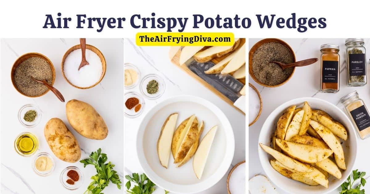 Air Fryer Crispy Potato Wedges, an easy and delicious appetizer or side recipe for thick cut potato fries made without frying in oil.