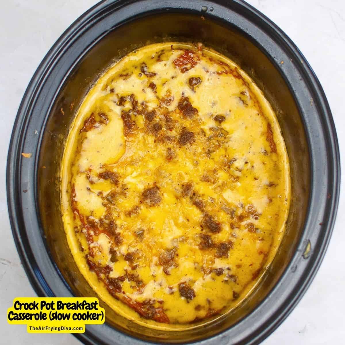 Crockpot Breakfast Casserole Recipe (slow cooker), a simple five ingredient recipe featuring eggs, potatoes, and sausage.