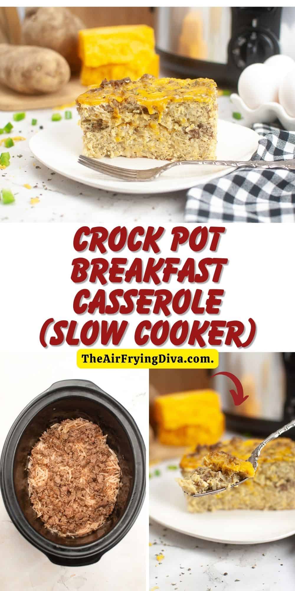 Crockpot Breakfast Casserole Recipe (slow cooker), a simple five ingredient recipe featuring eggs, potatoes, and sausage.