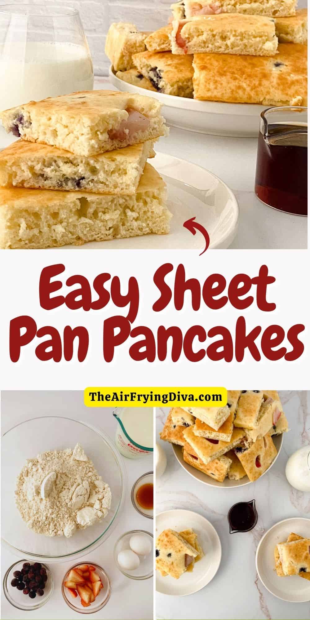 Easy Sheet Pan Pancakes Recipe, a simple four ingredient breakfast or brunch meal that can be made in about 25 minutes.