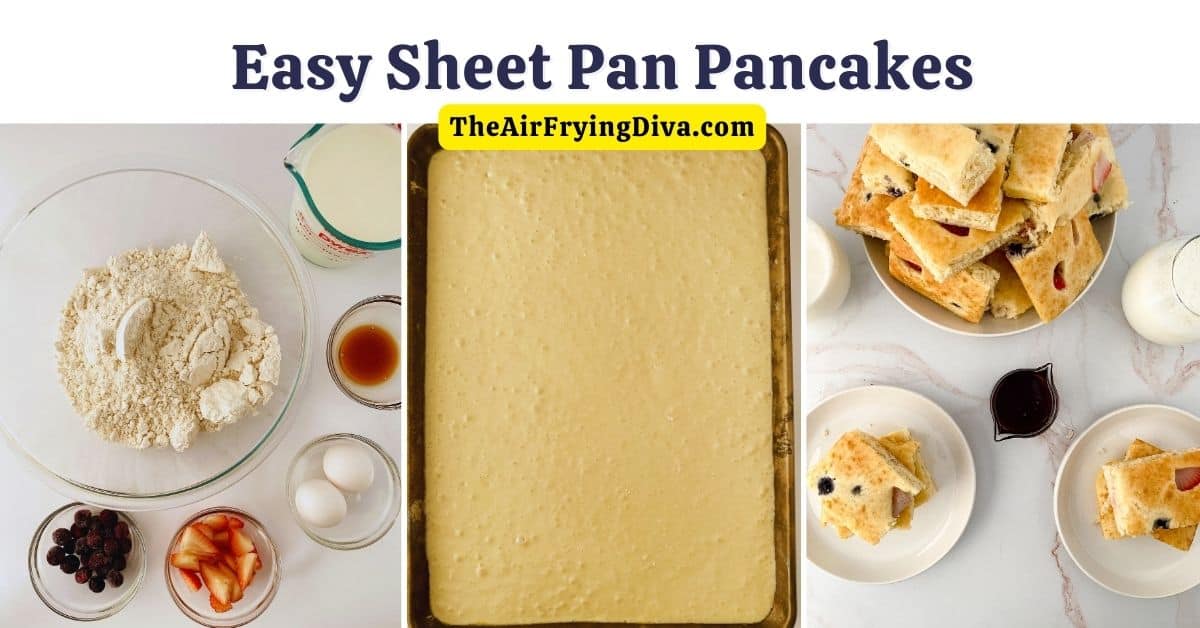 Easy Sheet Pan Pancakes Recipe, a simple four ingredient breakfast or brunch meal that can be made in about 25 minutes.