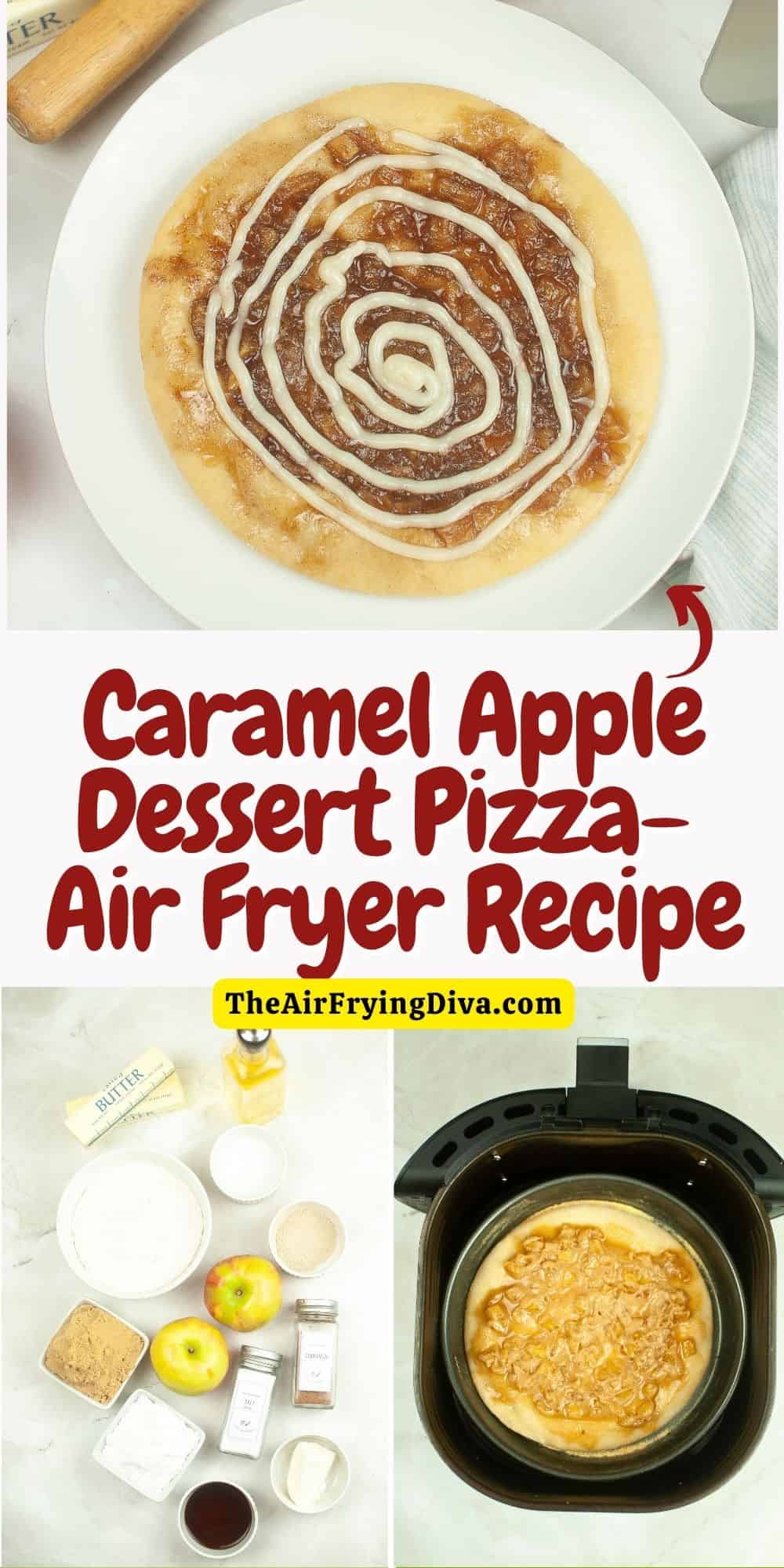 Caramel Apple Dessert Pizza Air Fryer Recipe, an easy and delicious treat made with caramelized apples topped with frosting.