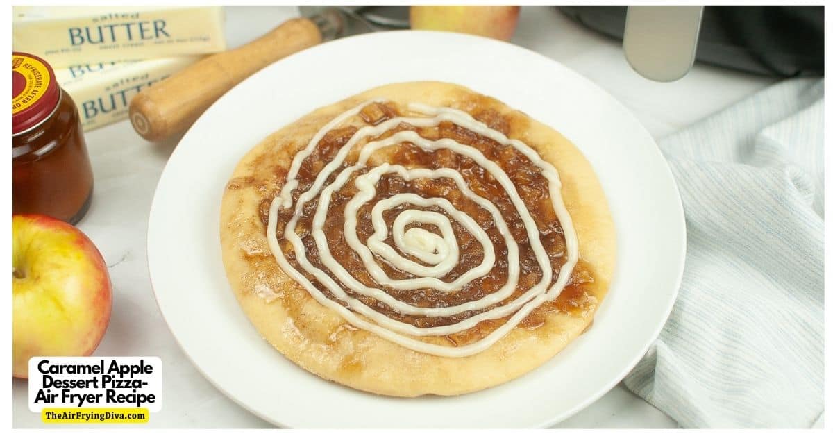 Caramel Apple Dessert Pizza Air Fryer Recipe, an easy and delicious treat made with caramelized apples topped with frosting.