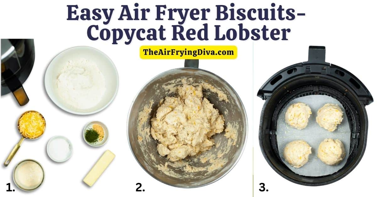 Air Fryer Cheddar Bay Biscuits- A Copycat Red Lobster buttermilk and cheddar cheese biscuit made in an air fryer.