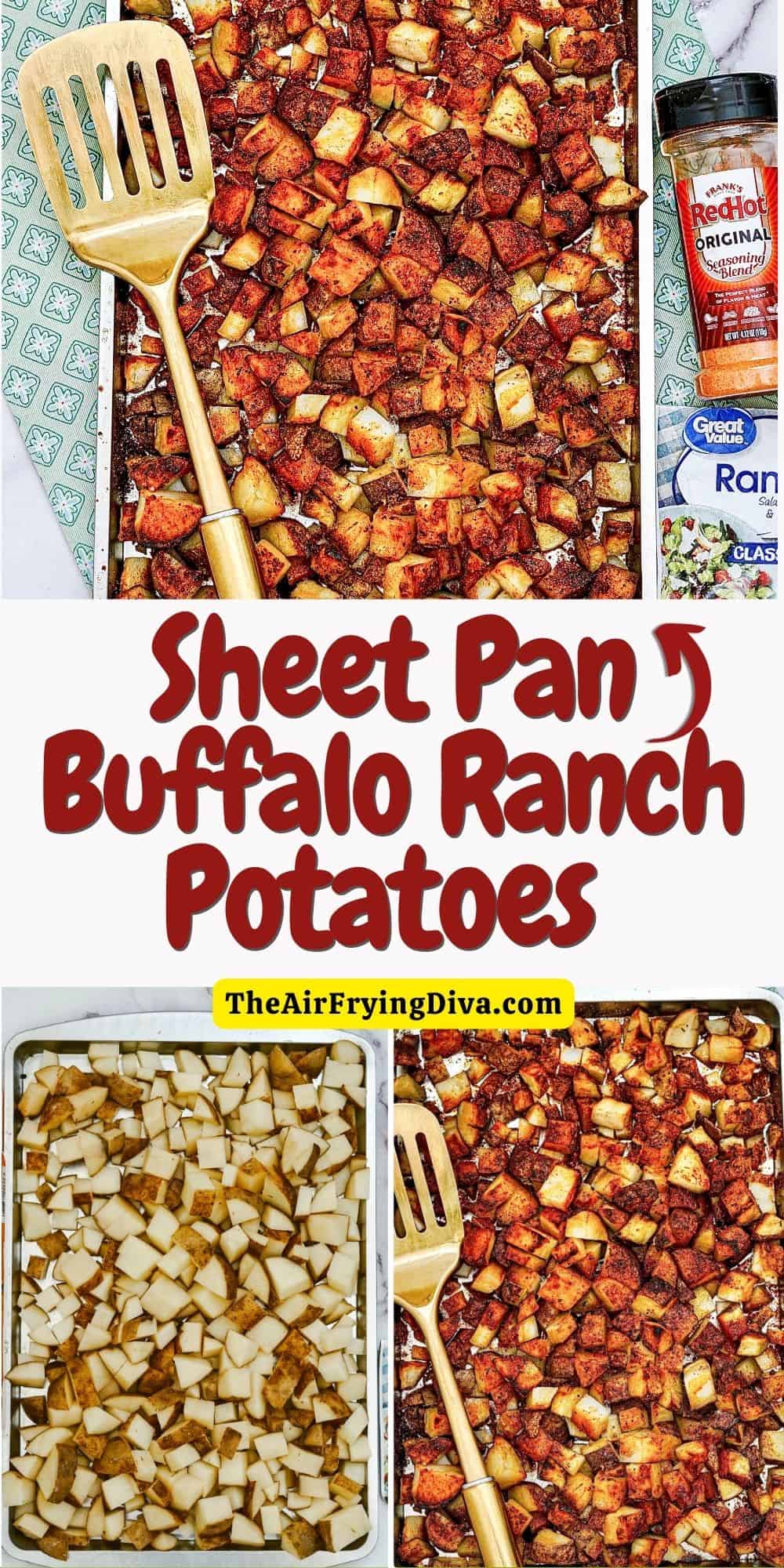 Sheet Pan Buffalo Ranch Potatoes, a simple four ingredient recipe for crispy baked potato bites oven baked with tasty seasoning.